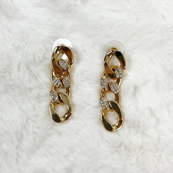 CHAIN LINK PAVE DROP EARRINGS GOLD - Picture 2 of 13